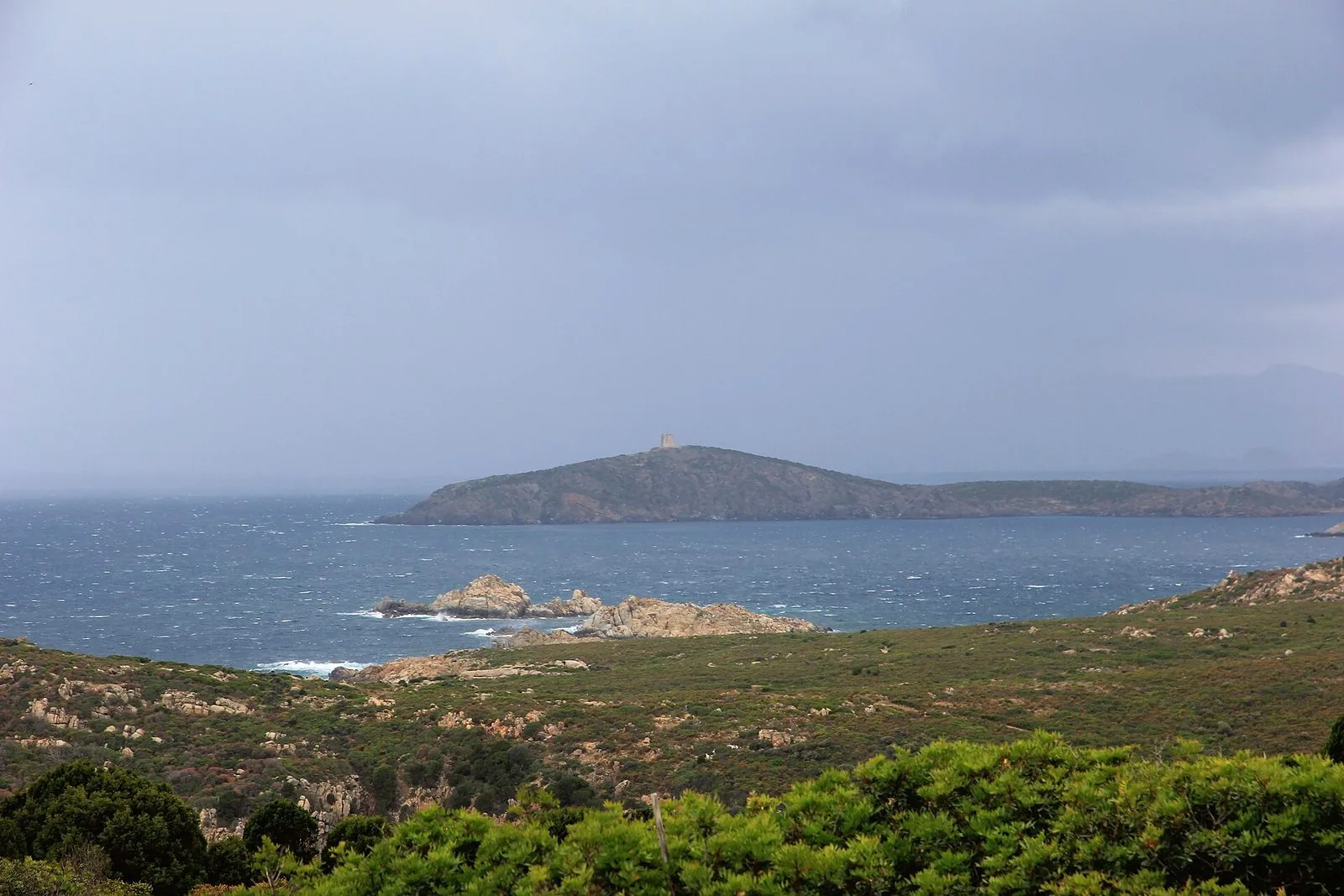 Il promontorio di Capo Malfatano con la torre costiera sulla sommità, il mare mosso e in primo piano la macchia mediterranea sotto un cielo grigio